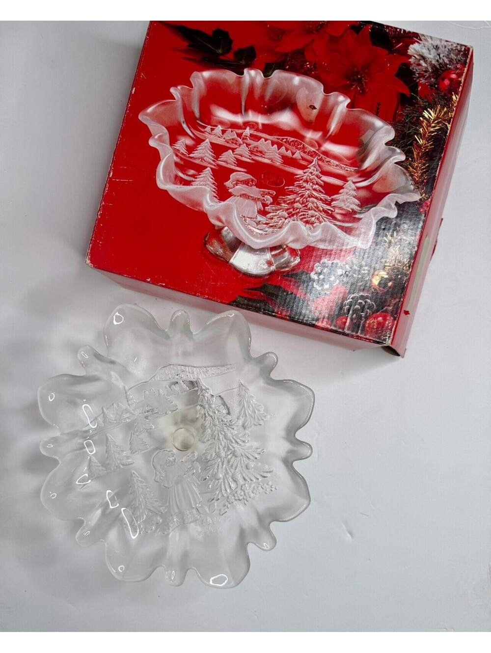 Christmas Story German Frosted Glass Footed Bon Bon Bowl 9.75" in Box